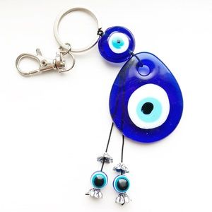 Silver & blue Evil Eye (Mati) glass bead keychain